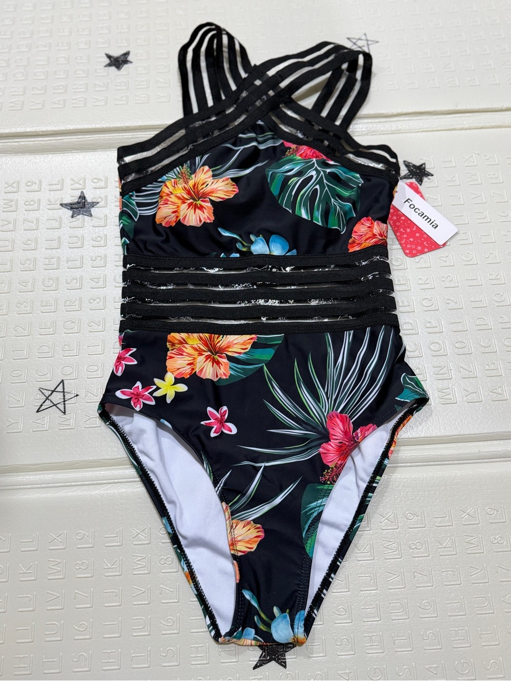 Black Tropical Floral One-Piece Swimsuit